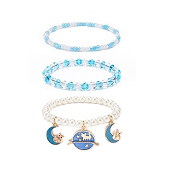 Светло-Голубой 3 шт. 3 набор эластичных браслетов из жемчуга и стеклянных зерен в стиле ракушек, браслеты из сплава эмали с луной и звездой для женщин, Небесно-голубой, внутренний диаметр: 2-1/8~2-1/4 дюйм (5.3~5.7 см), 3 шт / комплект