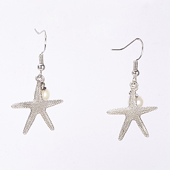 Antique Silver Dangle Retro Alloy Starfish/Sea Stars Pendants Earrings for Women, with Freshwater Pearl Beads and Brass Earring Hooks, Antique Silver, 20mm