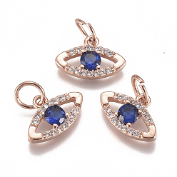 Mixed Color Brass Micro Pave Cubic Zirconia Charms, with Jump Ring, Long-Lasting Plated, Eye, Blue, Mixed Color, 8x12x2mm, Hole: 3mm