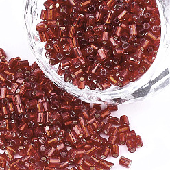 FireBrick Grade A Glass Seed Beads, Hexagon(Two Cut), Silver Lined, FireBrick, 1.5~2.5x1.5~2mm, Hole: 0.8mm, about 2100pcs/bag, 450g/bag