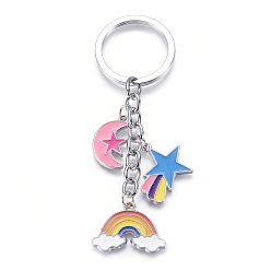 Colorful Zinc Alloy Keychain, with Enamel, Iron Key Ring and Iron Chains, Rainbow, Star, Moon and Cloud, Platinum, Colorful, 104mm