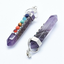 Amethyst Chakra Jewelry, Natural Amethyst Double Terminated Pointed Pendants, with Natural & Synthetic Mixed Stone Alloy Findings, Bullet, Platinum, 58~61x16.5~18x15.5~16mm, Hole: 4.5x7.5mm