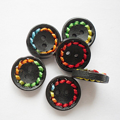 Black Round Painted Buttons with Colorful Thread, Wooden Buttons, Mixed Color, Black, 18mm.