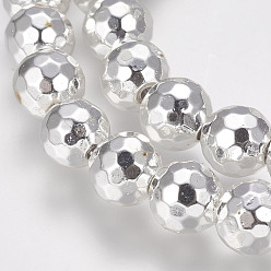 Silver Plated Grade AA Non-Magnetic Synthetic Hematite Bead Strands, Round, Faceted(128 Facets), Silver Plated, 8mm, Hole: 1.5mm, about 53pcs/strand, 15.7 inch(40cm)