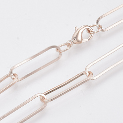 Or Rose Fabrication de collier de chaîne trombone ovale plat en laiton, avec fermoir pince de homard, or rose, 24.4 pouce (62 cm), lien: 22x6x1 mm