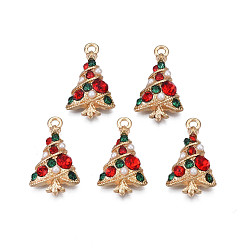 Light Gold Rack Plating Alloy Pendants, with Colorful Rhinestone and ABS Plastic Imitation Pearl, Cadmium Free & Nickel Free & Lead Free, Christmas Tree, Light Gold, 21x12.5x3.5mm, Hole: 1.5mm