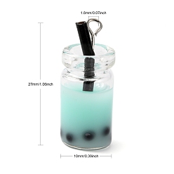 Turquoise Pâle Verre pendentifs en bouteille, avec de la résine à l'intérieur, imitation thé à bulles/thé au lait boba, turquoise pale, 27x12x10mm, Trou: 1.8mm