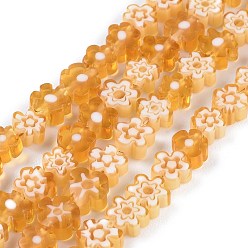 Orange Foncé Main millefiori perles de verre brins, fleur, orange foncé, 4~7.2x2.6mm, Trou: 1mm, Environ 60~69 pcs/chapelet, 16 pouce (40 cm)