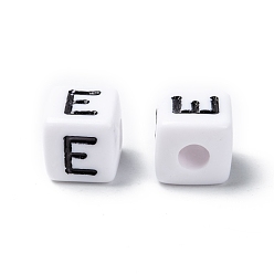 Letter E Lettre acrylique européenne perles, trou horizontal, cube, letter.e, 10x10x10mm, Trou: 3.5~4mm, environ598 pcs / 500 g
