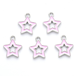 Pink Alloy Enamel Pendants, Star, Platinum, Pink, 16x14x2mm, Hole: 1.6mm