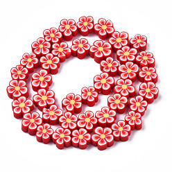 Red Handmade Polymer Clay Bead Strands, Flower, Red, 7.5~10x7~11x3.5~5mm, Hole: 1.6mm, about 38~40pcs/strand, 13.58 inch~14.57 inch(34.5~37cm)