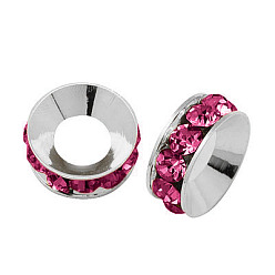 Fuchsia Brass Rhinestone Spacer Beads, Grade A, Rondelle, Silver Color Plated, Fuchsia, 10x4.2mm, Hole: 5.2~5.7mm