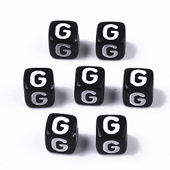 Letter G Opaque Acrylic Beads, Horizontal Hole, Alphabet Style, Cube, Black & White, Letter.G, 5x5x5mm, Hole: 2mm, about 5000pcs/500g