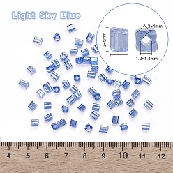 Light Sky Blue 6/0 Glass Seed Beads, Transparent Colours Luster, Square Hole, Cube, Light Sky Blue, 3~5x3~4x3~4mm, Hole: 1.2~1.4mm, about 1000pcs/100g