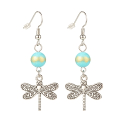 Turquoise Round Natural Mashan Jade with Alloy Dragonfly Dangle Earrings, Brass Earrings for Women, Turquoise, 50mm, Pin: 0.6mm