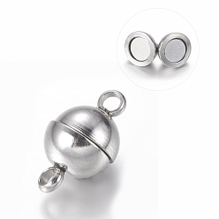 Stainless Steel Color 304 Stainless Steel Magnetic Clasps with Loops, Round, Stainless Steel Color, 11.5x6mm, Hole: 1.6mm