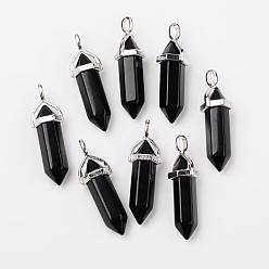 Black Bullet Imitation Jade Glass Pointed Pendants, with Alloy Findings, Black, 39x12mm, Hole: 3x4mm