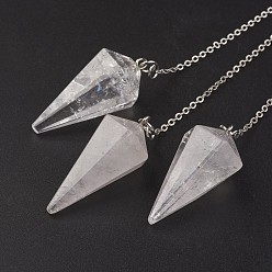 Quartz Crystal Natural Quartz Crystal Hexagonal Pointed Dowsing Pendulums, with Brass Cross Chains, Cone, Platinum, Lead Free & Nickel Free, 8-1/4 inch(215mm)