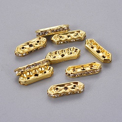 Golden Middle East Rhinestone, 6 pcs Clear Rhinestone Beads, Brass, Golden Color, Nickel Free, Size: about 5mm wide, 16mm long, 3mm thick, hole: 1mm, 3 holes