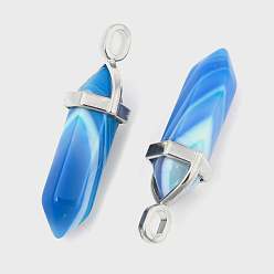 Banded Agate Natural Banded Agate Double Terminated Pointed Pendants, with Random Alloy Pendant Hexagon Bead Cap Bails, Bullet, Platinum, 37~40x12mm, Hole: 3mm