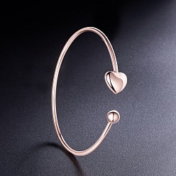 Rose Gold SHEGRACE 925 Sterling Silver Cuff Bangle, with Heart and Bead, Torque Bangles, Rose Gold, 55mm(2-1/8 inch)