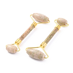 Unakite Natural Unakite Brass Face Massager, Facial Rollers, Golden, 142~150x54~58x19~22mm