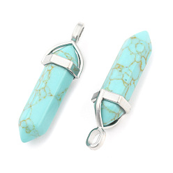 Synthetic Turquoise Synthetic Turquoise Pointed Pendants, with Platinum Tone Random Alloy Pendant Hexagon Bead Cap Bails, Bullet, 36~40x12mm, Hole: 3x4mm, Gemstone: 8mm in diameter