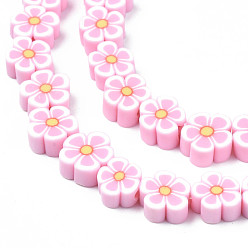 Pink Handmade Polymer Clay Bead Strands, Flower, Pink, 7.5~10x7~11x3.5~5mm, Hole: 1.6mm, about 38~40pcs/strand, 13.58 inch~14.57 inch(34.5~37cm)