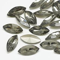Black Diamond Pointed Back Glass Rhinestone Cabochons, Back Plated, Faceted, Horse Eye, Black Diamond, 12x6x3.5mm