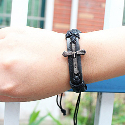 Black Adjustable Cross with Word Iron Braided Leather Cord Bracelets, Black, 60mm