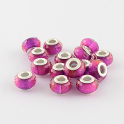 Camellia Large Hole Resin European Beads, with Silver Color Plated Brass Double Cores, Faceted Rondelle, Camellia, 14x9mm, Hole: 5mm