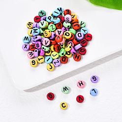 Mixed Color Craft Mixed Color Acrylic Beads, Flat Round with Black Letter, Mixed Color, 6~7x3.5~4mm, Hole: 2mm, about 100pcs/bag
