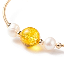 Citrine Natural Citrine(Dyed & Heated) & Quartz Crystal(Dyed & Heated) & Pearl Round Beaded Bangle, Brass Torque Bangle for Women, Golden, Inner Diameter: 2-1/4 inch(5.6cm)