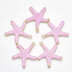 Pink Spray Painted Alloy Pendants, Starfish/Sea Stars, Light Gold, Pink, 29x27x3mm, Hole: 2mm