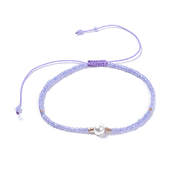 Lilac Adjustable Nylon Thread Braided Beads Bracelets, with Glass Seed Beads and Grade A Natural Freshwater Pearls, Lilac, 2-1/8 inch(5.3cm)