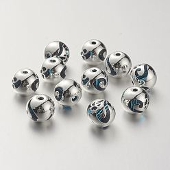 Deep Sky Blue K9 Glass Beads, Covered with Brass, Round with Heart Pattern, 925 Sterling Silver Plated, Deep Sky Blue, 10.2x9.2mm, Hole: 1.5mm