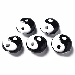 Black Handmade Lampwork Beads, Flat Round with Tai Ji, Black, 16x8~9mm, Hole: 1.5mm