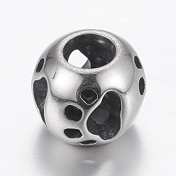 Argent Antique 304 acier inoxydable perles européennes, Perles avec un grand trou   , rondelle avec empreinte de chien, argent antique, 12x10mm, Trou: 5mm