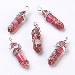 Mixed Color Synthetic Regalite/Imperial Jasper/Sea Sediment Jasper Pointed Pendants, with Brass Findings, Dyed, Bullet, Mixed Color, 35~41x12.8x10mm, Hole: 3x4mm