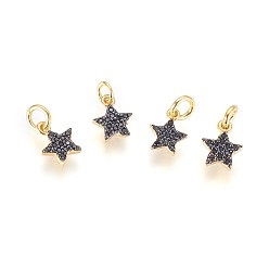 Gunmetal & Golden Brass Micro Pave Cubic Zirconia Charms, with Jump Ring, Star, Black, Gunmetal & Golden, 9x7x2mm, Hole: 2.5mm
