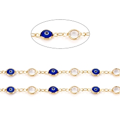 Golden Handmade Brass Link Chains, with Glass & Cubic Zirconia & Spool, Soldered, Long-Lasting Plated, Flat Round with Evil Eye, Golden, 13x6.5~7x3mm, about 32.8 Feet(10m)/roll