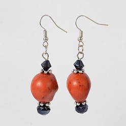 Orange Red Halloween Synthetic Howlite Skull Dangle Earrings, with Glass Beads and Brass Earring Hooks, Orange Red, 58mm, Pin: 0.7mm