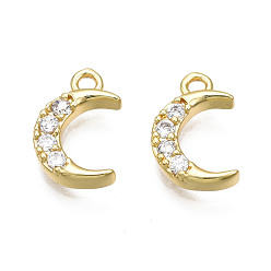 Real 18K Gold Plated Brass Micro Pave Clear Cubic Zirconia Charms, Nickel Free, Moon, Real 18K Gold Plated, 12x8x2mm, Hole: 1.2mm
