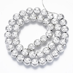 Silver Electroplated Natural Lava Rock Beads Strands, Round, Bumpy, Silver, 8.5mm, Hole: 1mm, about 47pcs/Strand, 15.35 inch(39cm)