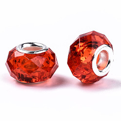 Rouge Résine transparente perles européennes, cristal d'imitation, Perles avec un grand trou   , laiton avec ton argent noyaux doubles, facette, rondelle, rouge, 14x9.5mm, Trou: 5mm