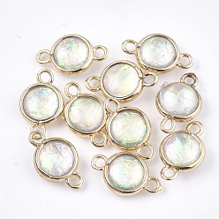 Colorful Resin Links connectors, with Brass Findings, Flat Round, Golden, Colorful, 15.5x9.5x4.5~5mm, Hole: 1.6mm