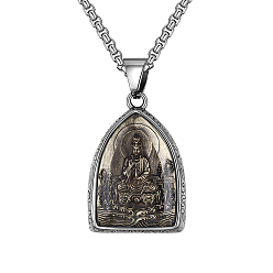 Argent Antique Collier pendentif arc bouddhiste en acier inoxydable pour hommes femmes, bodhisattva guanyin, 23.62 pouce (60 cm)