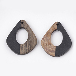 Black Resin & Walnut Wood Pendants, Two Tone, teardrop, Black, 32.5x27.5x2.5~4mm, Hole: 1.5mm