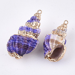 Mauve Spray Painted & Electroplate Spiral Shell Pendants, with Iron Findings, Light Gold, Mauve, 31~43x17~21x15~19mm, Hole: 1.5mm