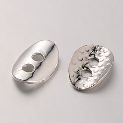 Silver Brass Buttons, 2-Hole, Hammered Oval, Silver Color Plated, 14x10x1mm, Hole: 2mm